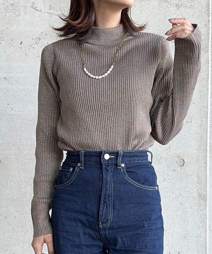 アクアガレージ aquagarage ラメボトルネックリブトップス 春 秋 冬 M L レディース (アイボリー) アイボリー