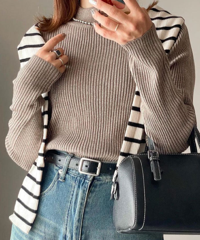 アクアガレージ aquagarage ラメボトルネックリブトップス 春 秋 冬 M L レディース (アイボリー) アイボリー