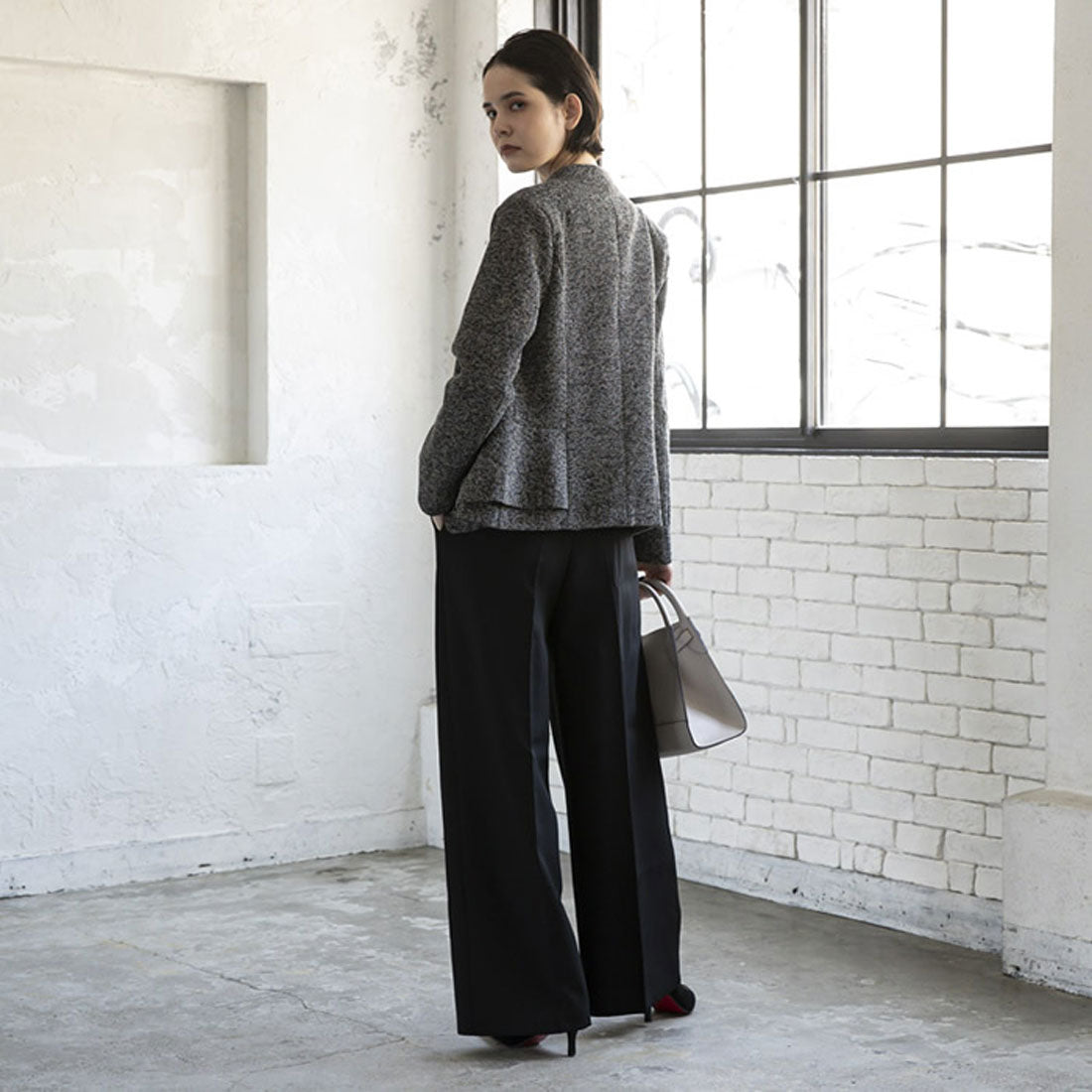 アクアガレージ aquagarage ノーカラージャケット ツイード (ブラック) ブラック