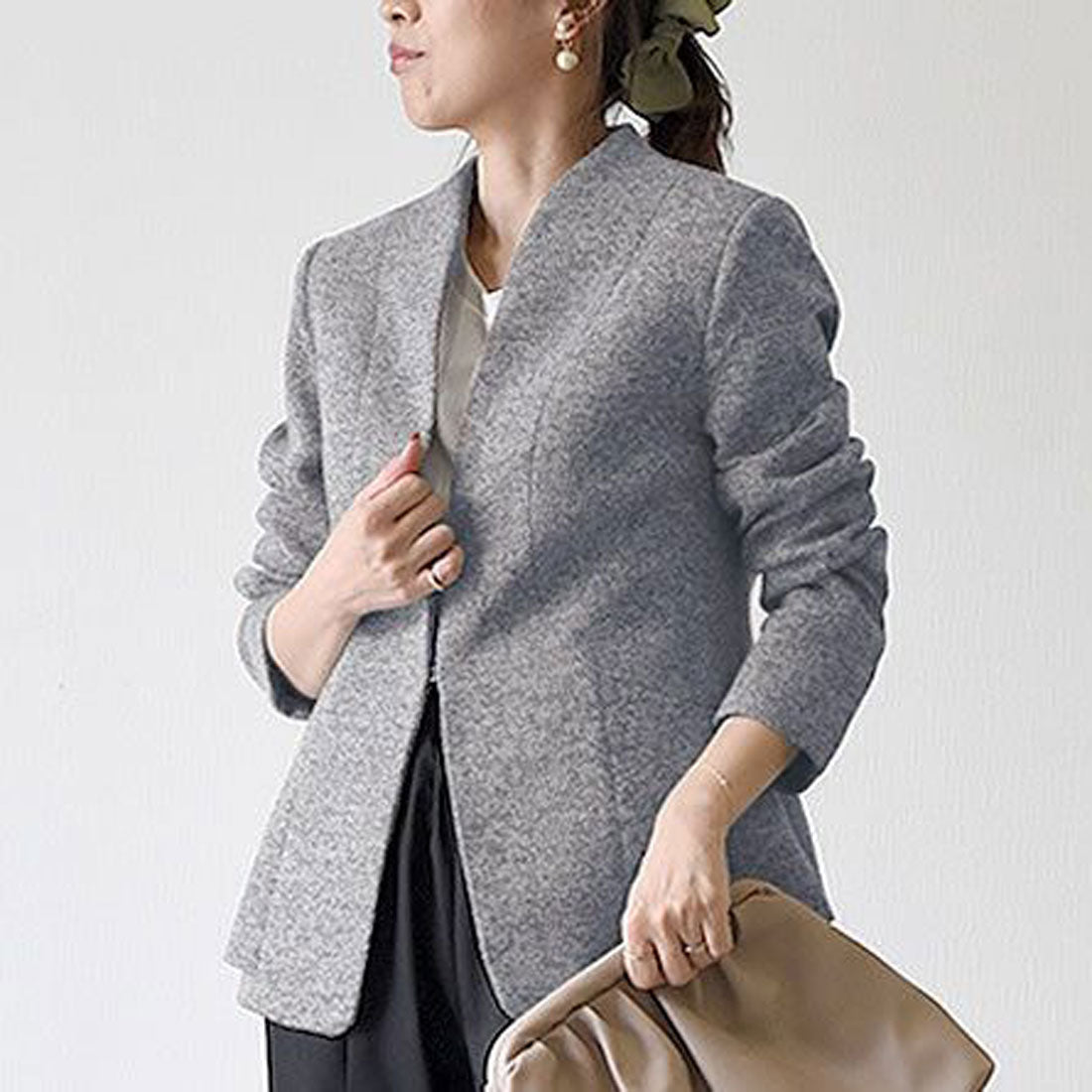 アクアガレージ aquagarage ノーカラージャケット ツイード (グレー) グレー