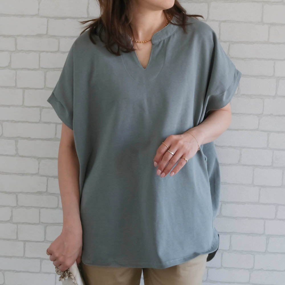 アクアガレージ aquagarage キーネックカットソー レディース 春 夏 半袖 フレンチスリーブ (グレイッシュグリーン) グレイッシュグリーン