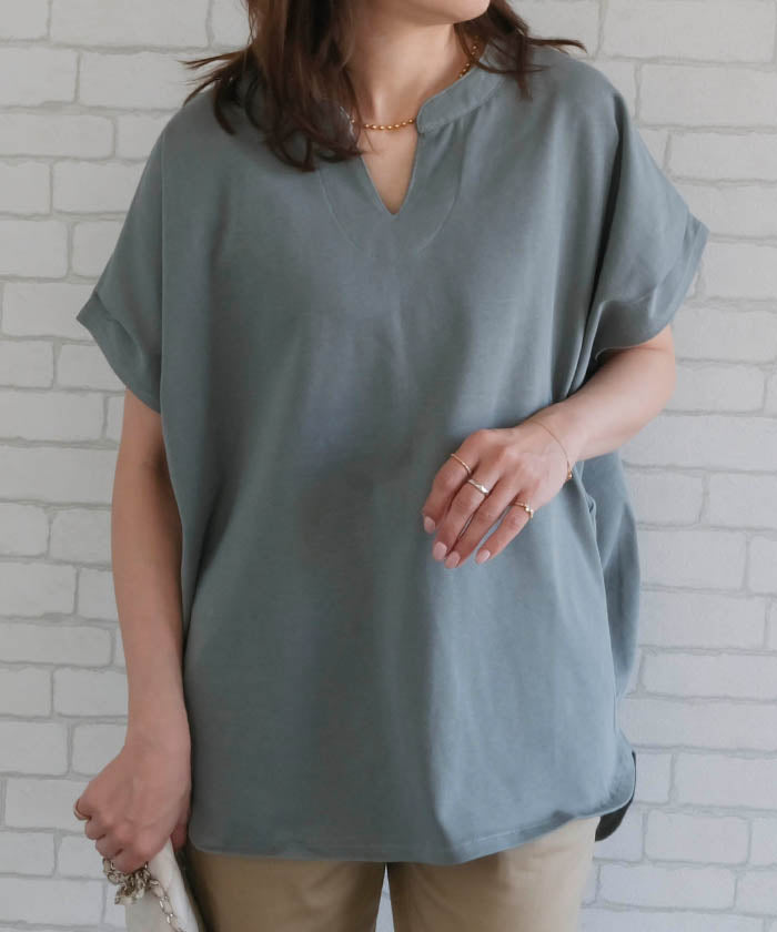 アクアガレージ aquagarage キーネックカットソー レディース 春 夏 半袖 フレンチスリーブ (グレイッシュグリーン) グレイッシュグリーン