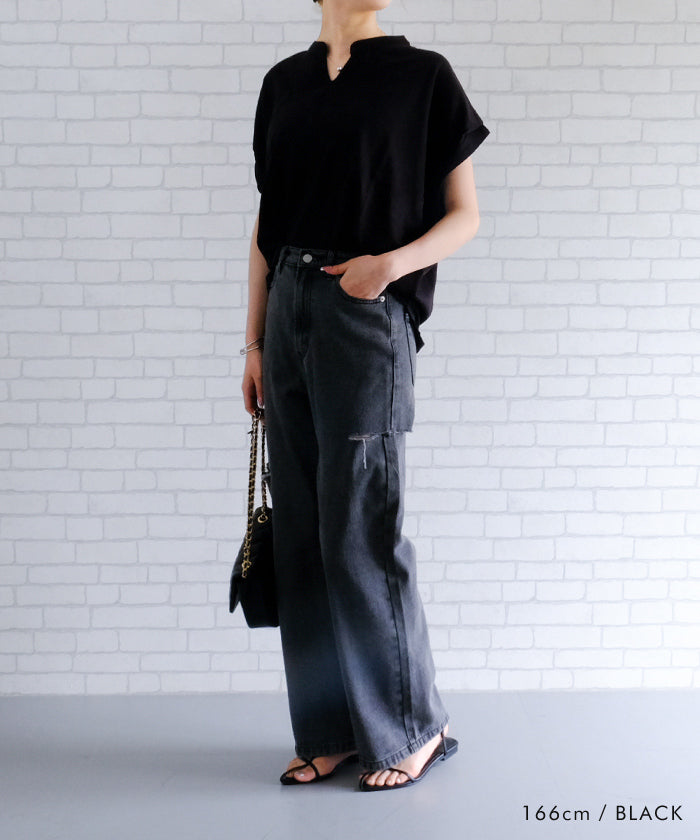 アクアガレージ aquagarage キーネックカットソー レディース 春 夏 半袖 フレンチスリーブ (グレイッシュグリーン) グレイッシュグリーン