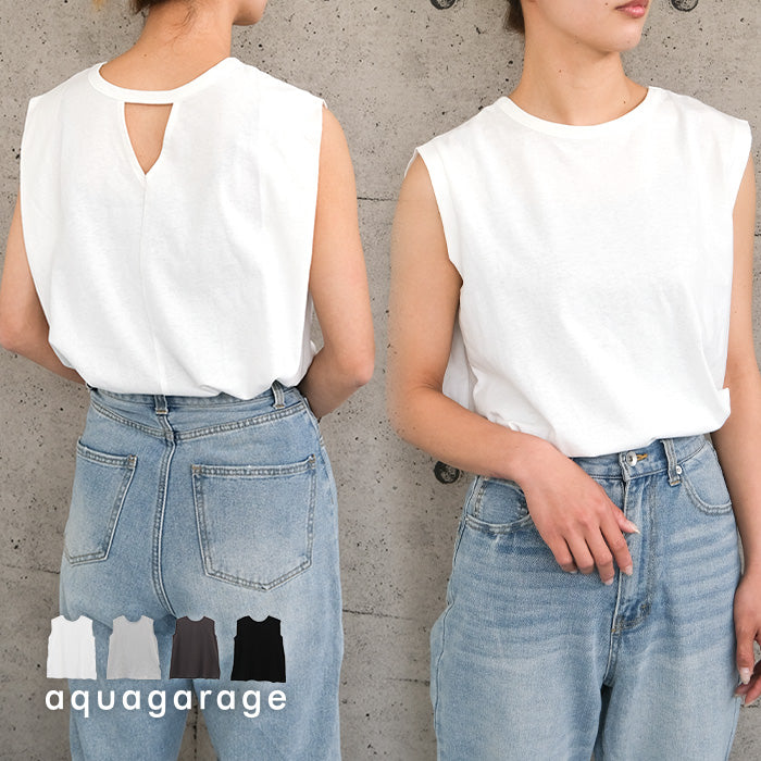 アクアガレージ aquagarage バックデザインノースリーブカットソー 春 夏 ロンT チュニック ノースリーブ (ブラック) ブラック