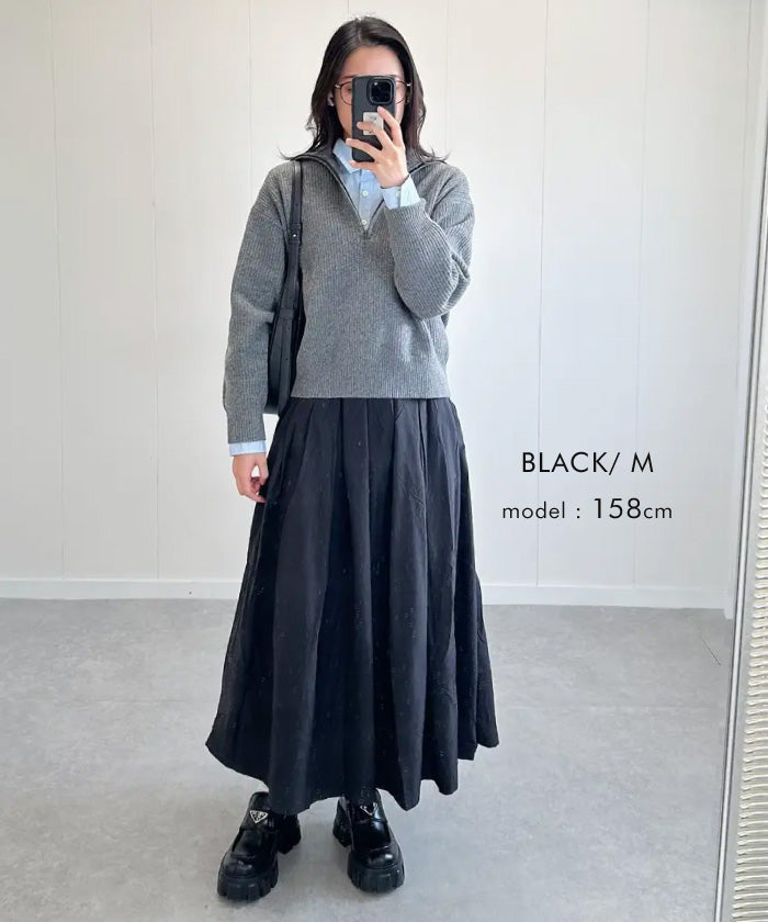 アクアガレージ aquagarage タックフレアロングスカート 春 秋 冬 ギャザースカート Aライン (ブラック) ブラック