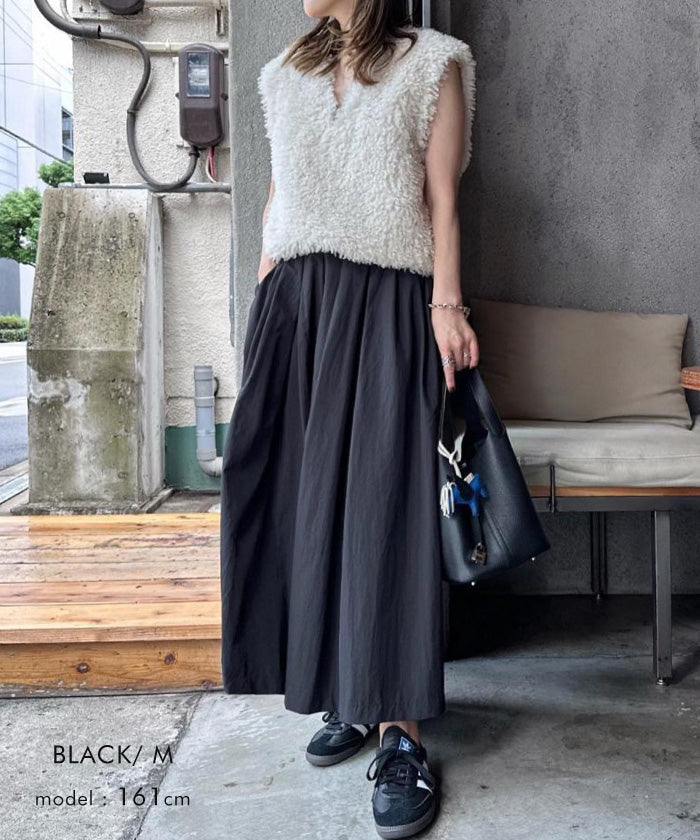 アクアガレージ aquagarage タックフレアロングスカート 春 秋 冬 ギャザースカート Aライン (ブラック) ブラック