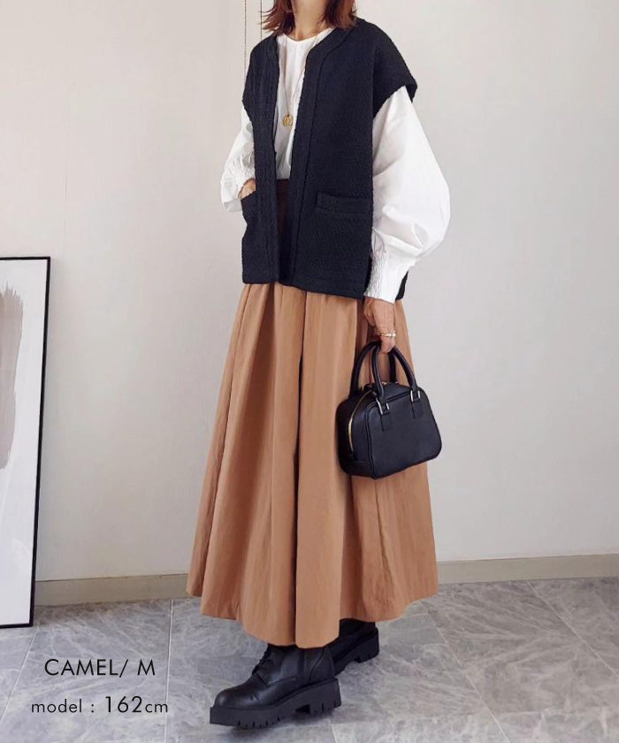 アクアガレージ aquagarage タックフレアロングスカート 春 秋 冬 ギャザースカート Aライン (ブラック) ブラック