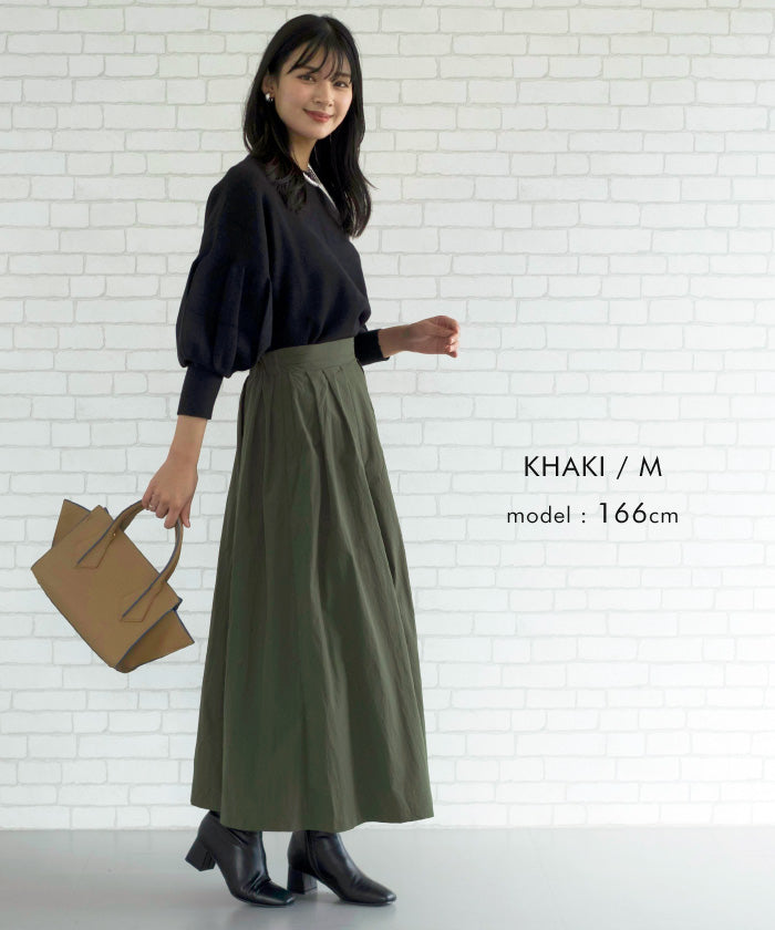 アクアガレージ aquagarage タックフレアロングスカート 春 秋 冬 ギャザースカート Aライン (ブラック) ブラック