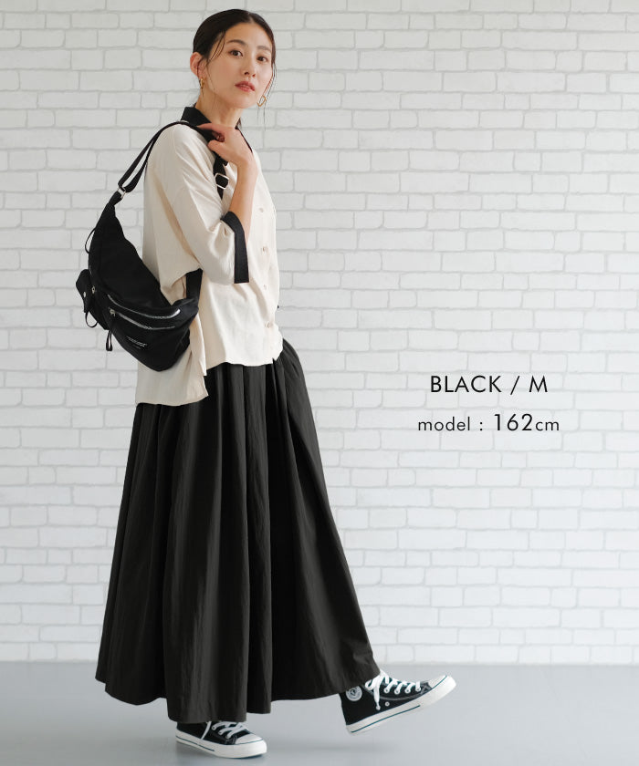 アクアガレージ aquagarage タックフレアロングスカート 春 秋 冬 ギャザースカート Aライン (ブラック) ブラック