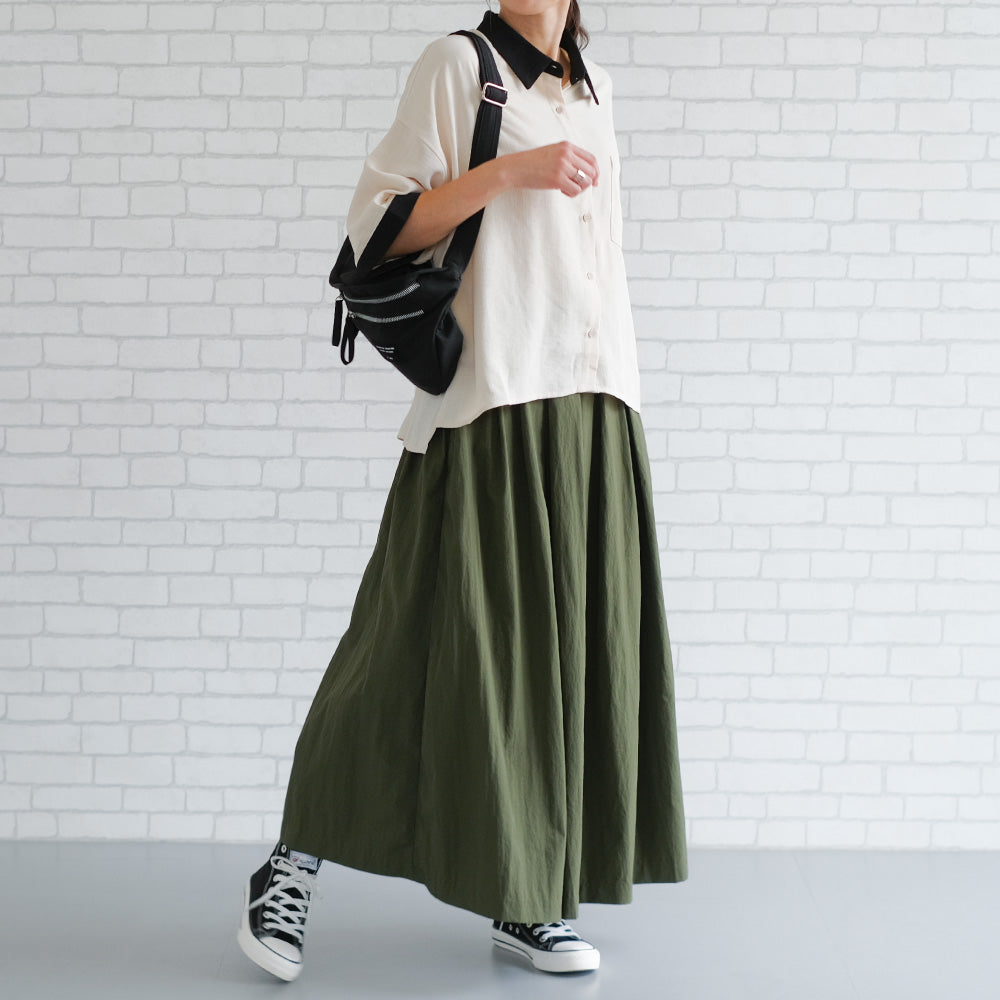 アクアガレージ aquagarage タックフレアロングスカート 春 秋 冬 ギャザースカート Aライン (カーキ) カーキ