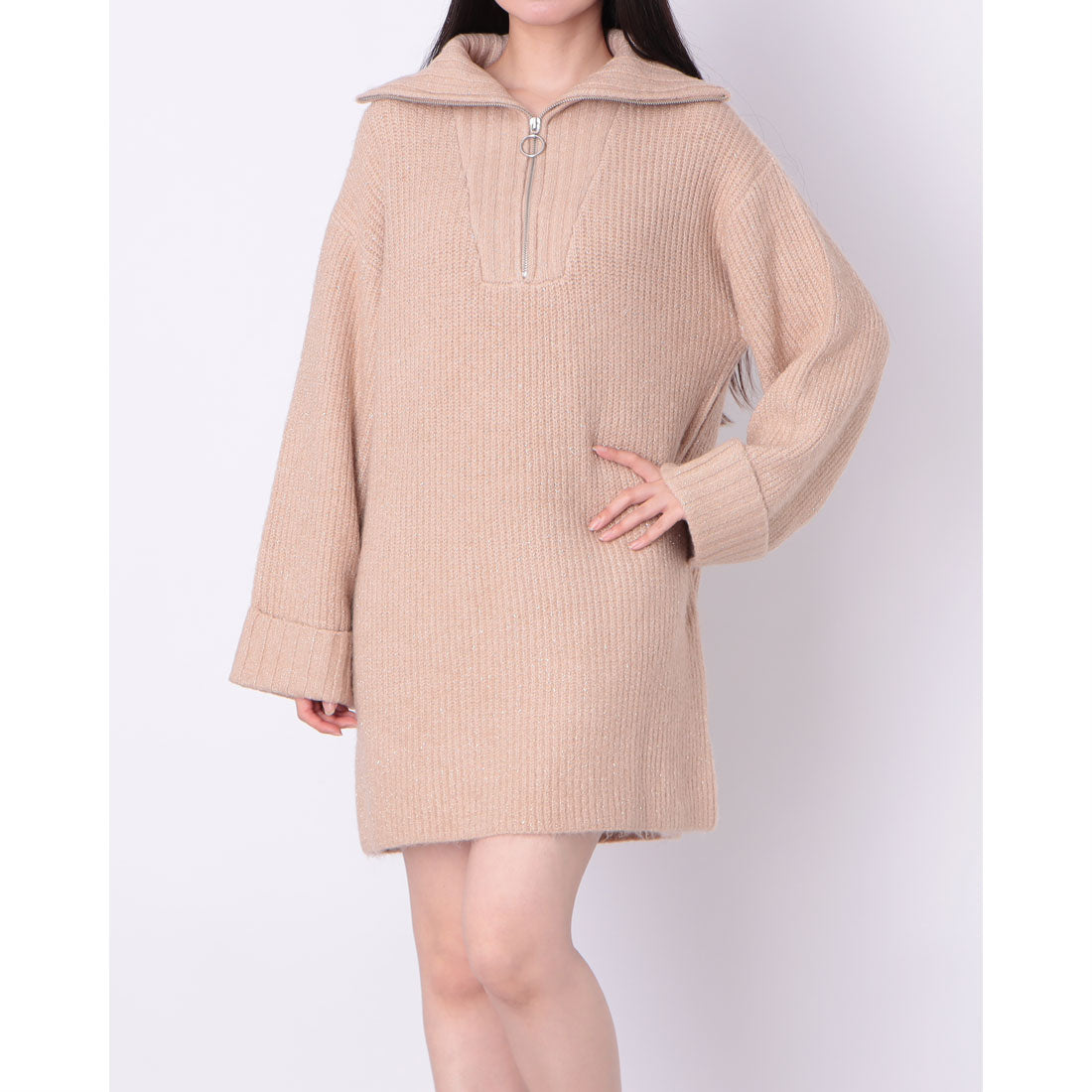 archives half ZIP knit mini dress with ribbed lamé