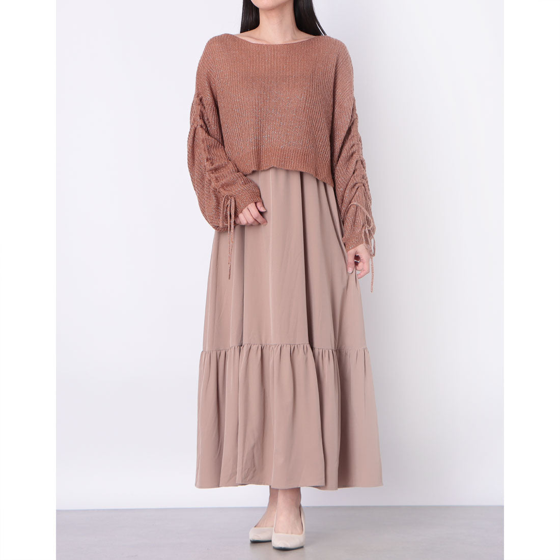 archives glitter sheer drawstring knit × tiered camisole dress set