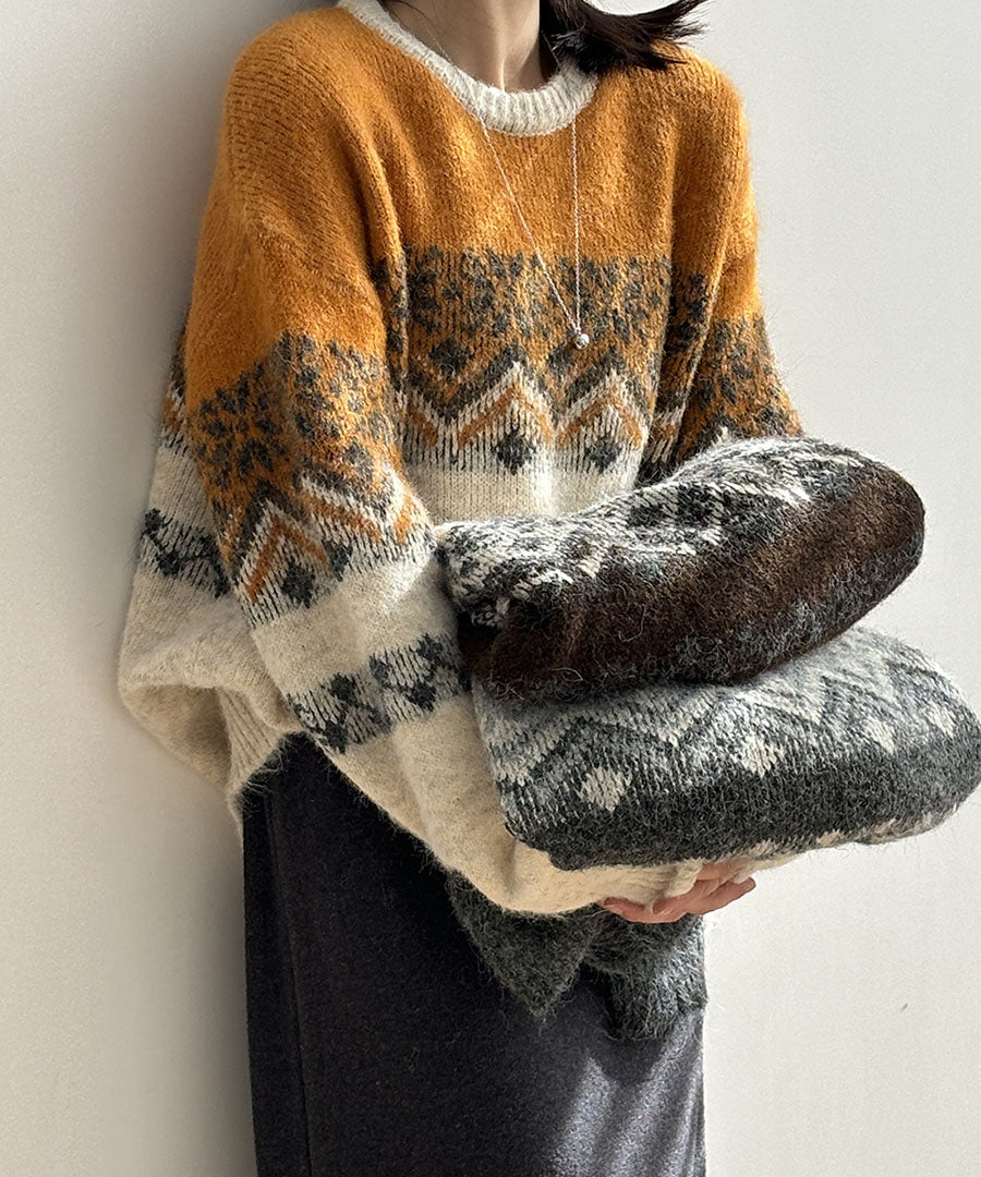 アルゴトウキョウ ARGO TOKYO Wool Blend Brushed  Flowers Crew Knit 25126 ウールブレンド アルゴトウキョウ ARGO TOKYO Wool Blend Brushed Snow Flowers