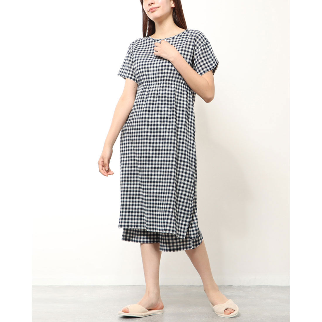 【 リラFes 】アズ as クレープワンピース&7分丈ボトムセット (ギンガムチェックネイビー) 62