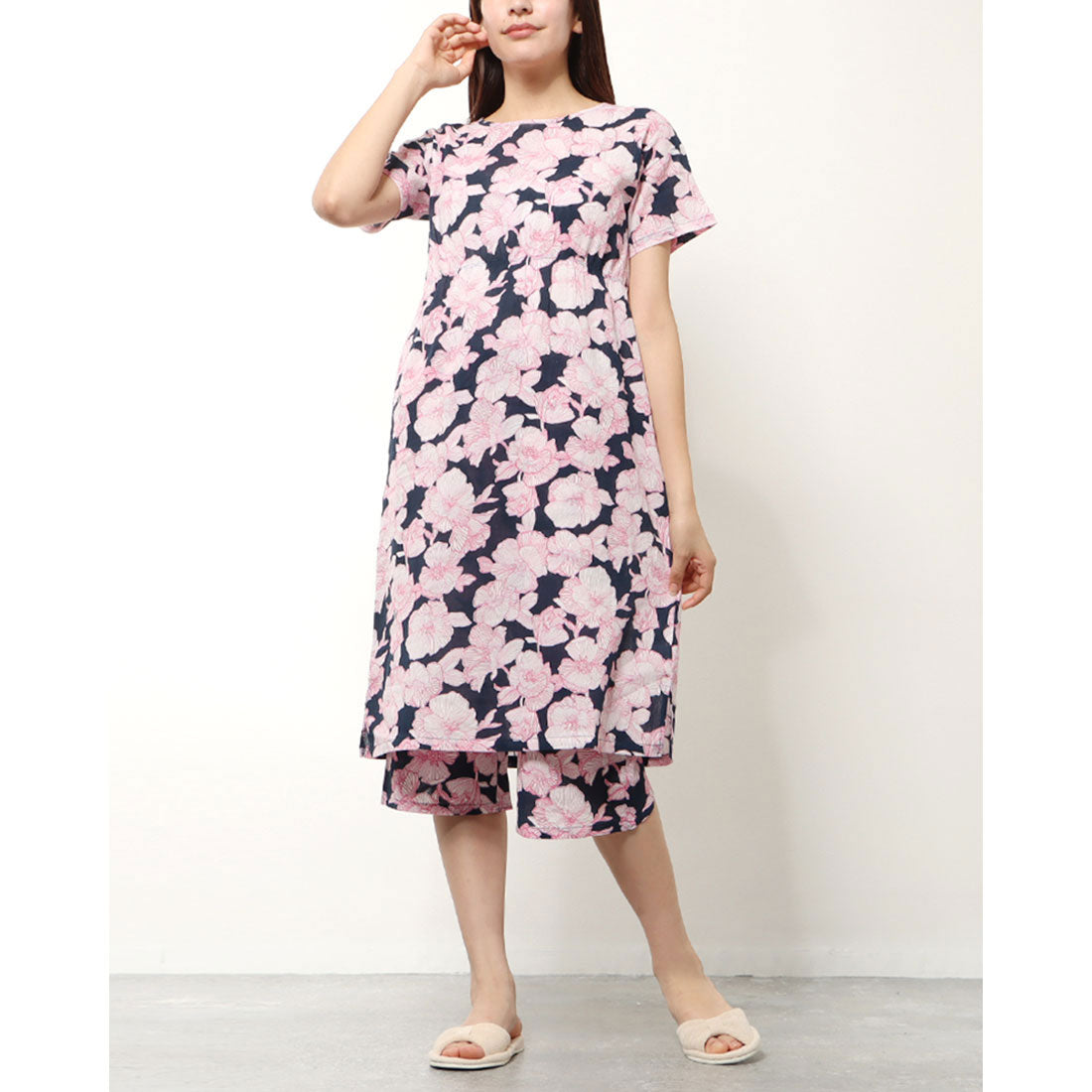 【 リラFes 】アズ as クレープワンピース&7分丈ボトムセット (サマーフラワーネイビー) 69