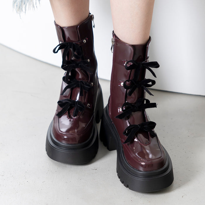 アタガール attagirl 厚底リボンレースアップブーツ (ワインスムース) ワインスムース