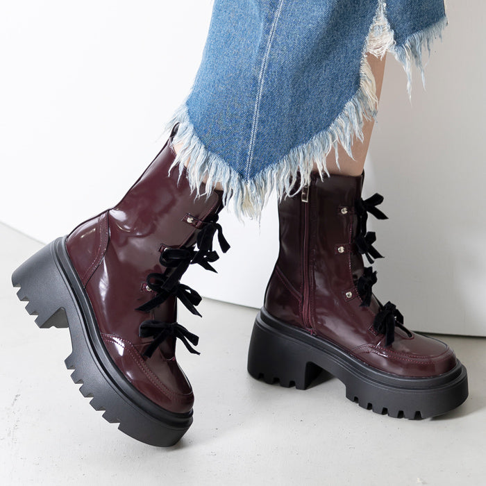 アタガール attagirl 厚底リボンレースアップブーツ (ワインスムース) ワインスムース