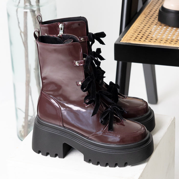 アタガール attagirl 厚底リボンレースアップブーツ (ワインスムース) ワインスムース