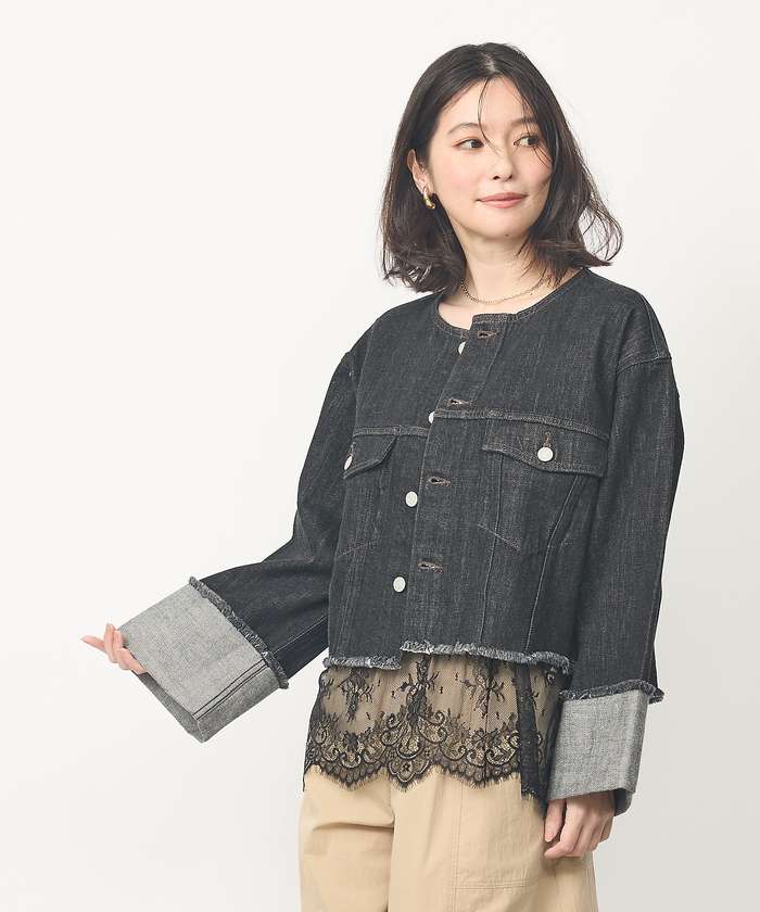 アバハウス マヴィ abahouse mavie 【EDWIN】ロールアップデニムジャケット/春服/Gジャン/ノーカラー/ショート (ブラック) ブラック