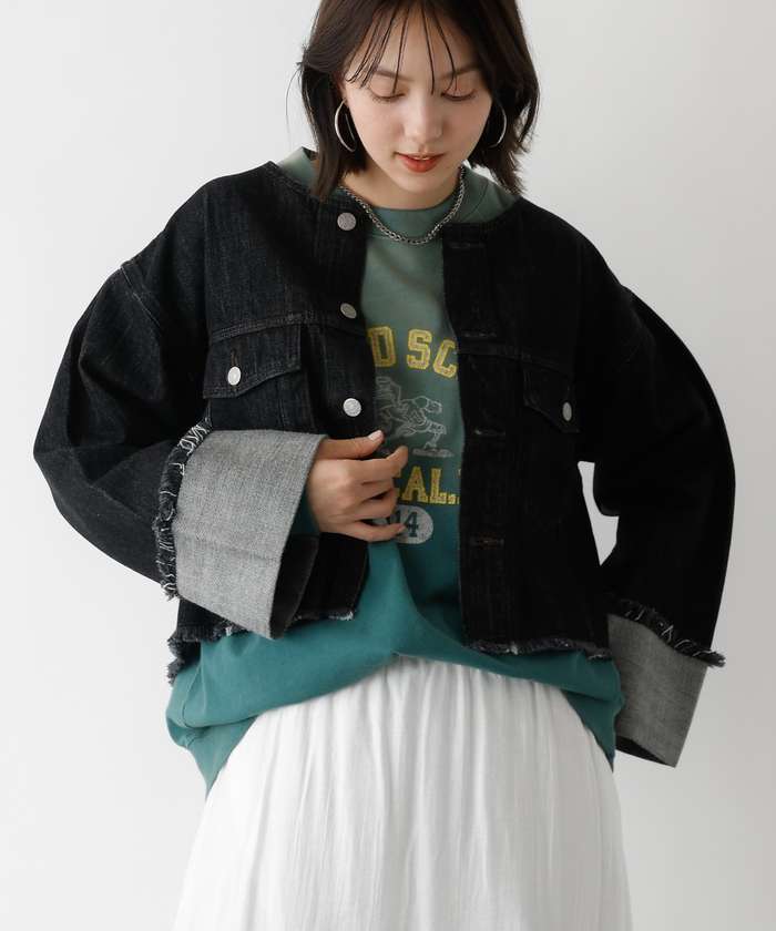 アバハウス マヴィ abahouse mavie 【EDWIN】ロールアップデニムジャケット/春服/Gジャン/ノーカラー/ショート (ブラック) ブラック