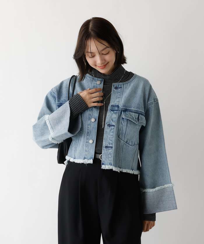 アバハウス マヴィ abahouse mavie 【EDWIN】ロールアップデニムジャケット/春服/Gジャン/ノーカラー/ショート (ブラック) ブラック