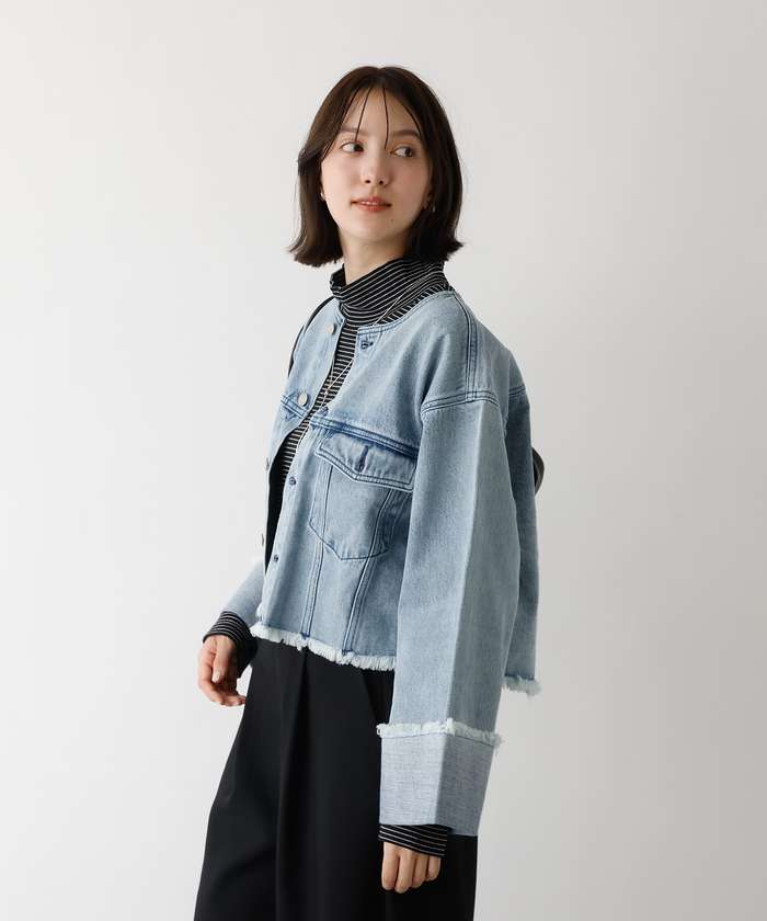 アバハウス マヴィ abahouse mavie 【EDWIN】ロールアップデニムジャケット/春服/Gジャン/ノーカラー/ショート (ブラック) ブラック