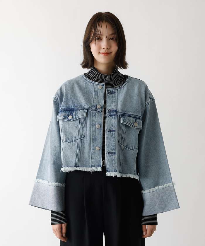 アバハウス マヴィ abahouse mavie 【EDWIN】ロールアップデニムジャケット/春服/Gジャン/ノーカラー/ショート (ブラック) ブラック