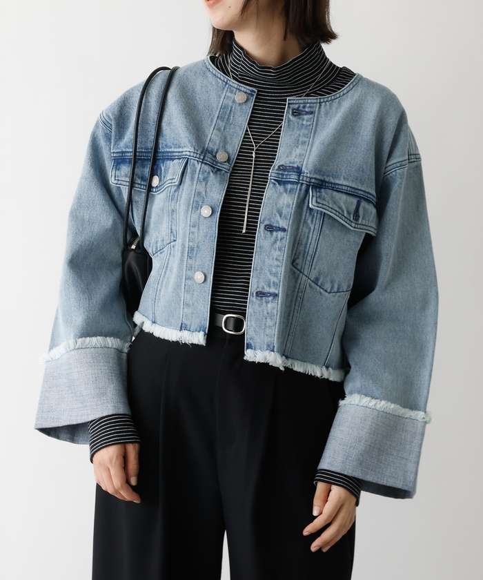 アバハウス マヴィ abahouse mavie 【EDWIN】ロールアップデニムジャケット/春服/Gジャン/ノーカラー/ショート (ブラック) ブラック