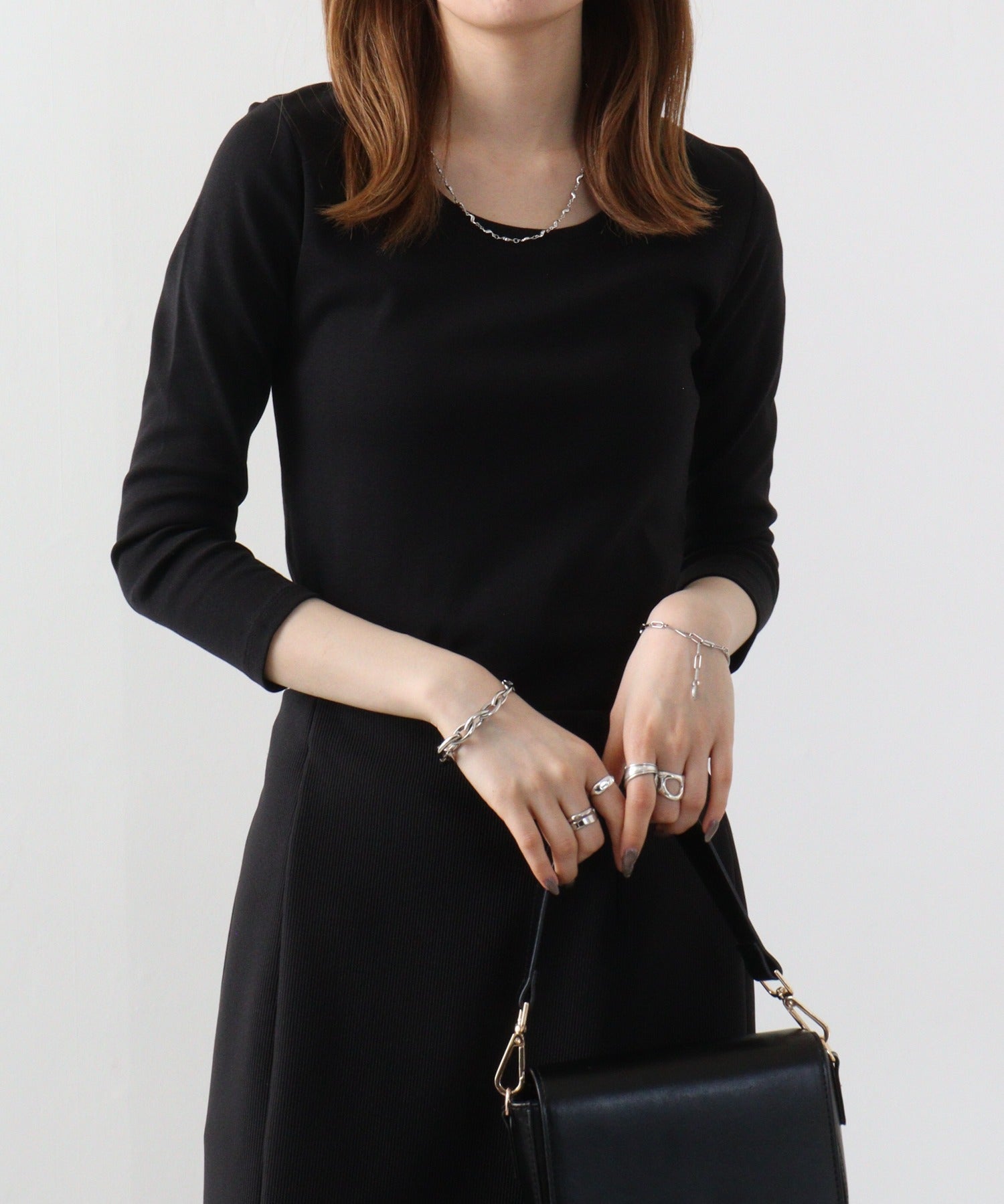 アットワン atONE Uネック8分袖コットンフライスTシャツ (BLACK) ブラック