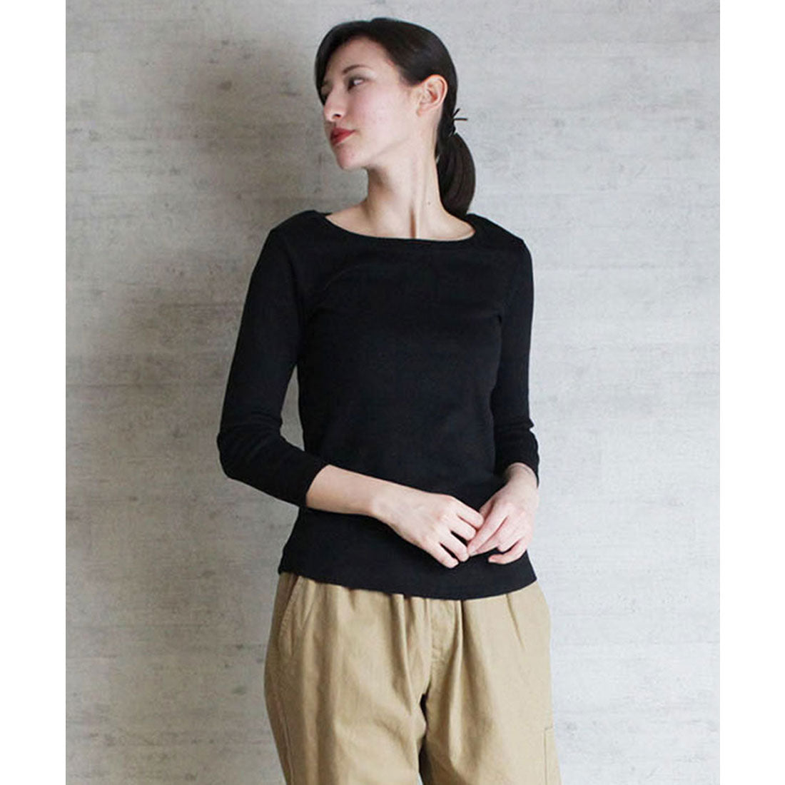 アットワン atONE Uネック8分袖コットンフライスTシャツ (BLACK) ブラック