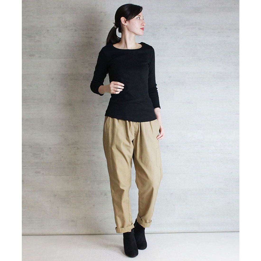 アットワン atONE Uネック8分袖コットンフライスTシャツ (BLACK) ブラック