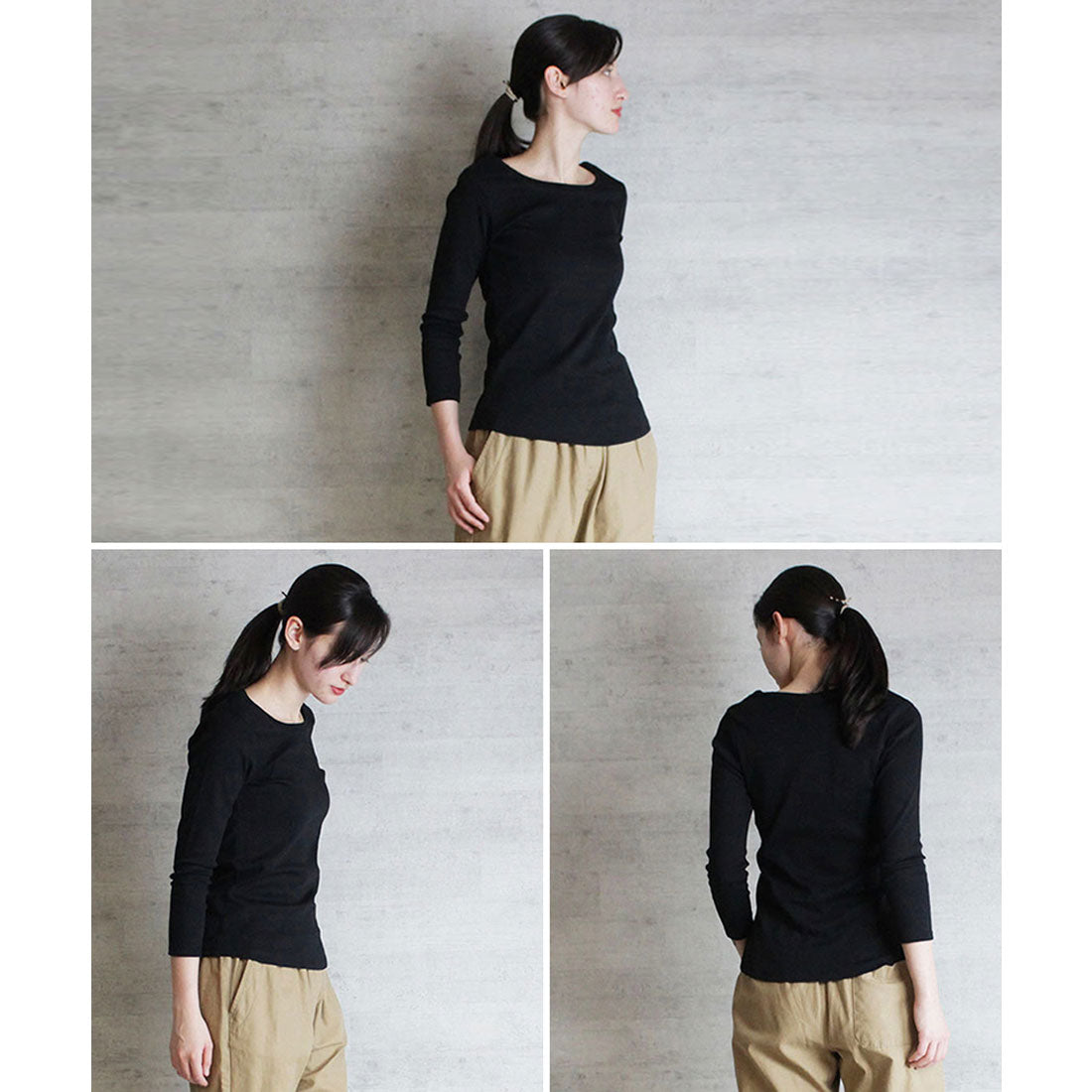 アットワン atONE Uネック8分袖コットンフライスTシャツ (BLACK) ブラック