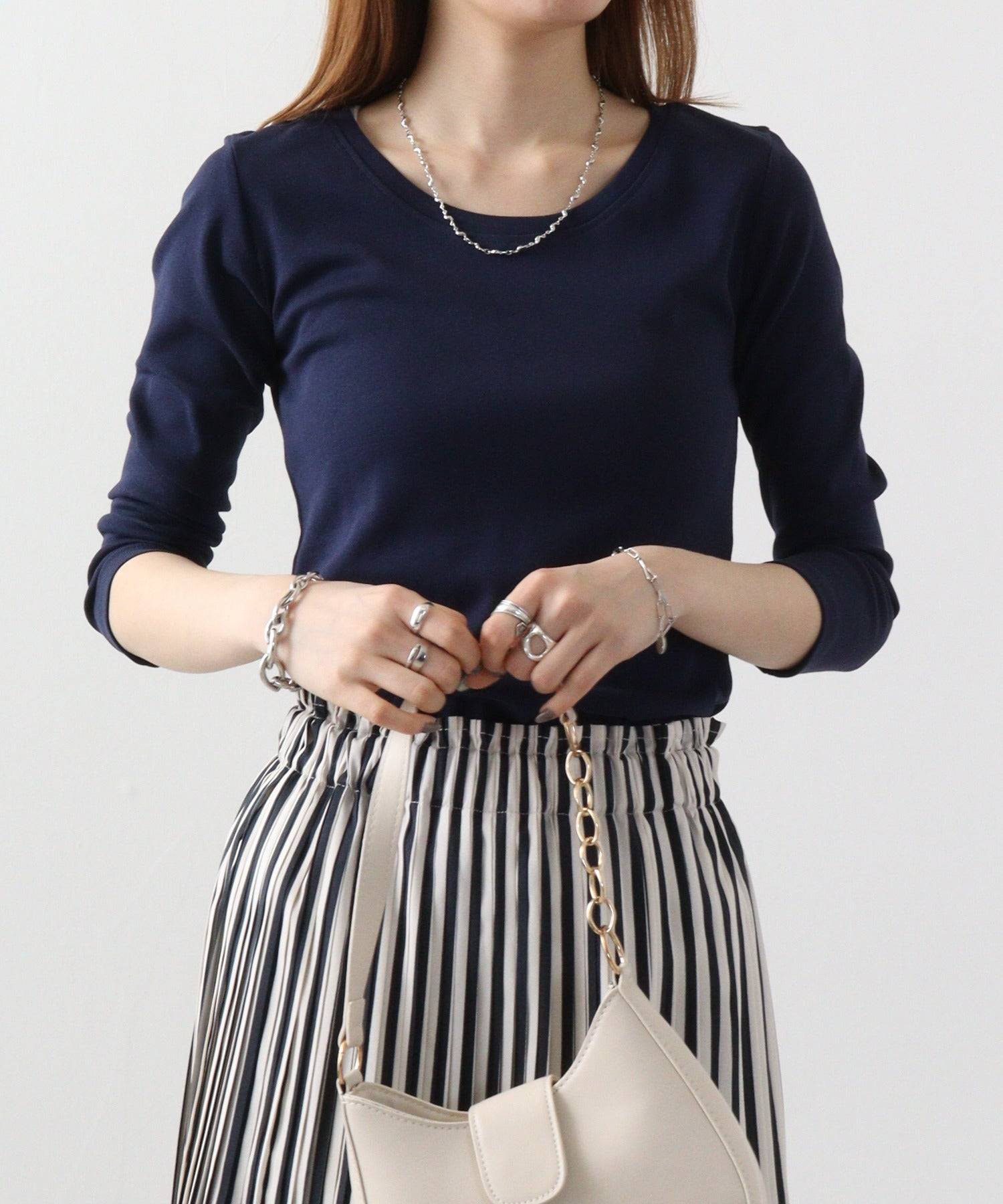 アットワン atONE Uネック8分袖コットンフライスTシャツ (NAVY) ネイビー