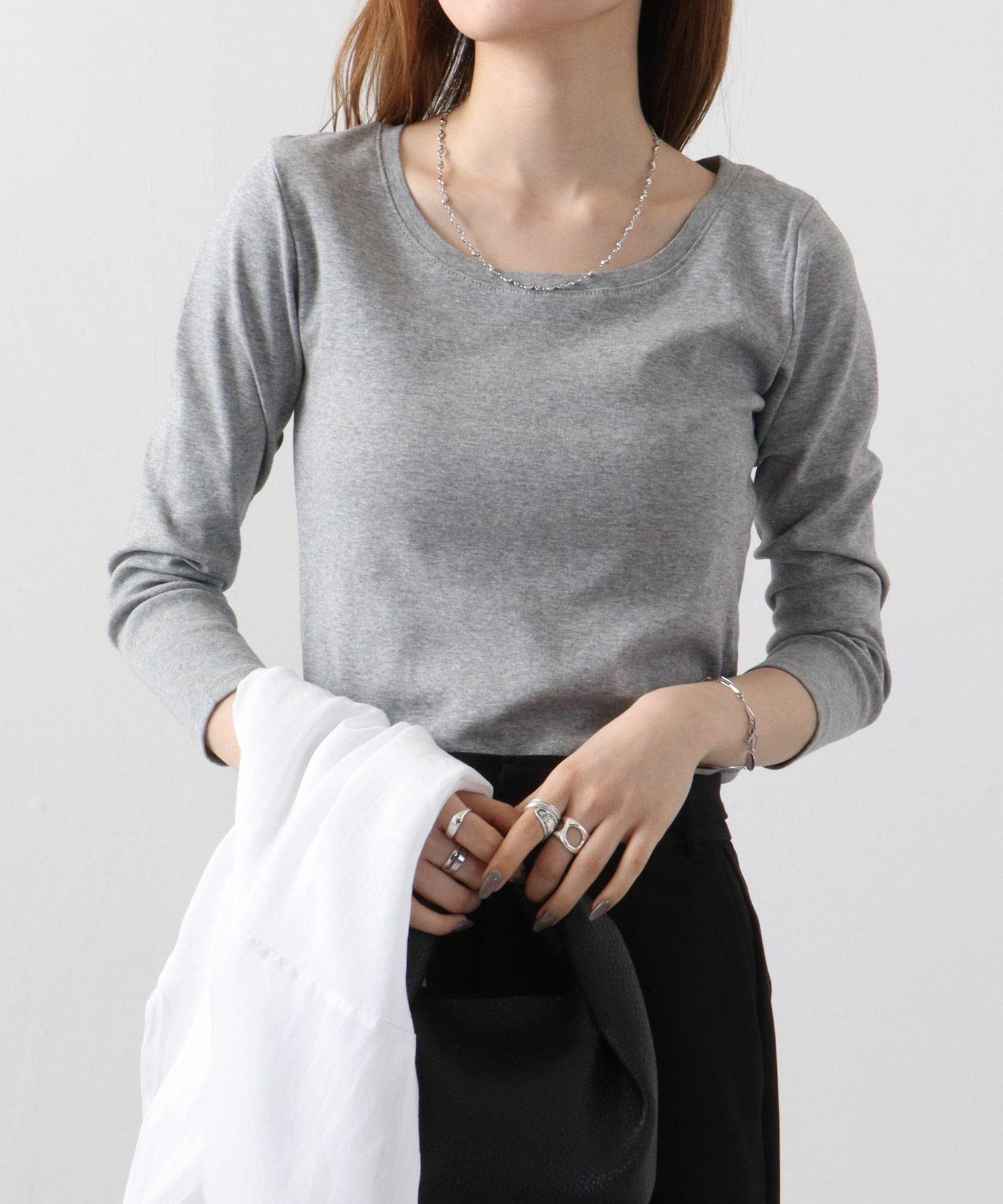 アットワン atONE Uネック8分袖コットンフライスTシャツ (M-GRAY) 杢グレー