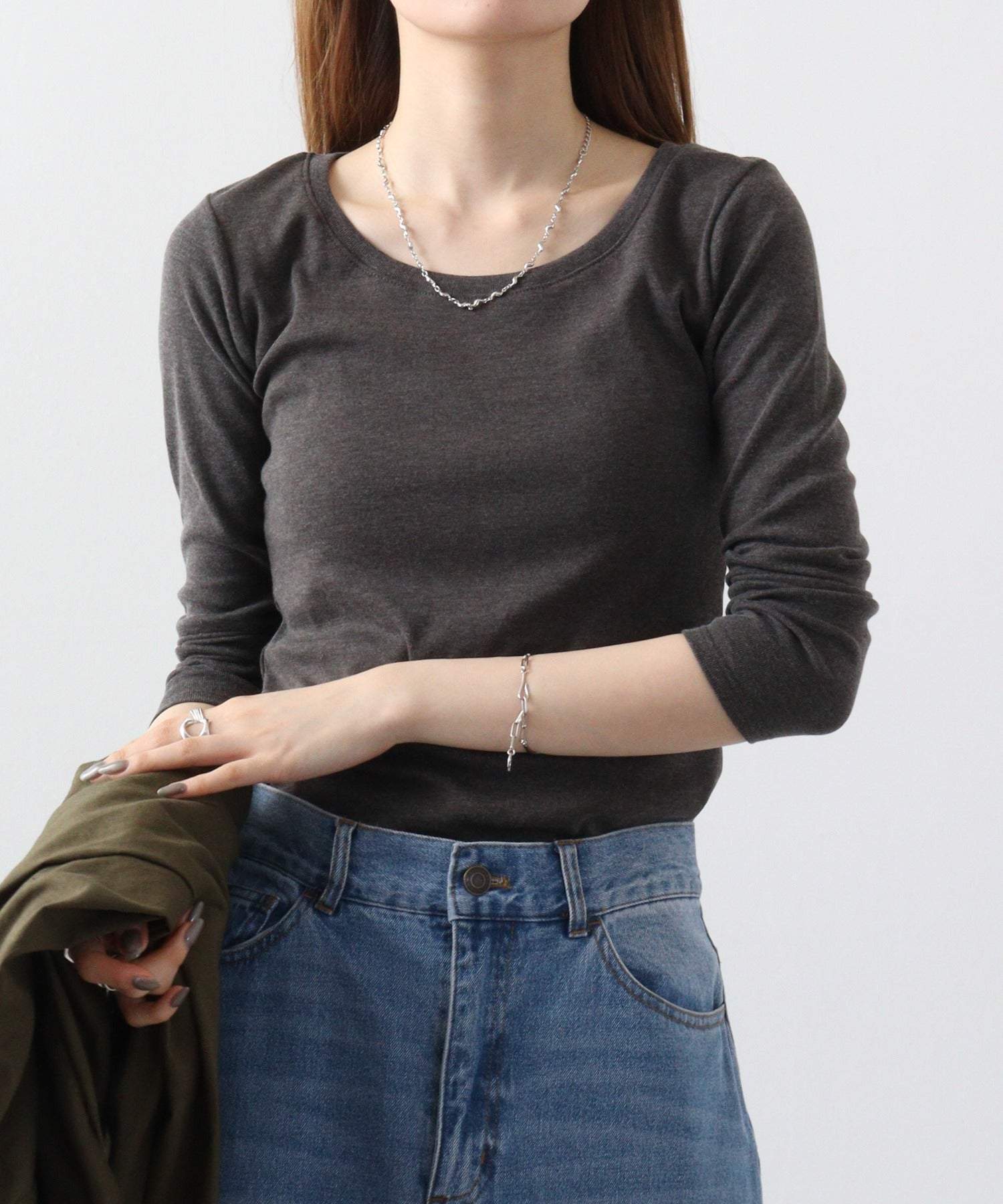 アットワン atONE Uネック8分袖コットンフライスTシャツ (C-GRAY) チャコールグレー