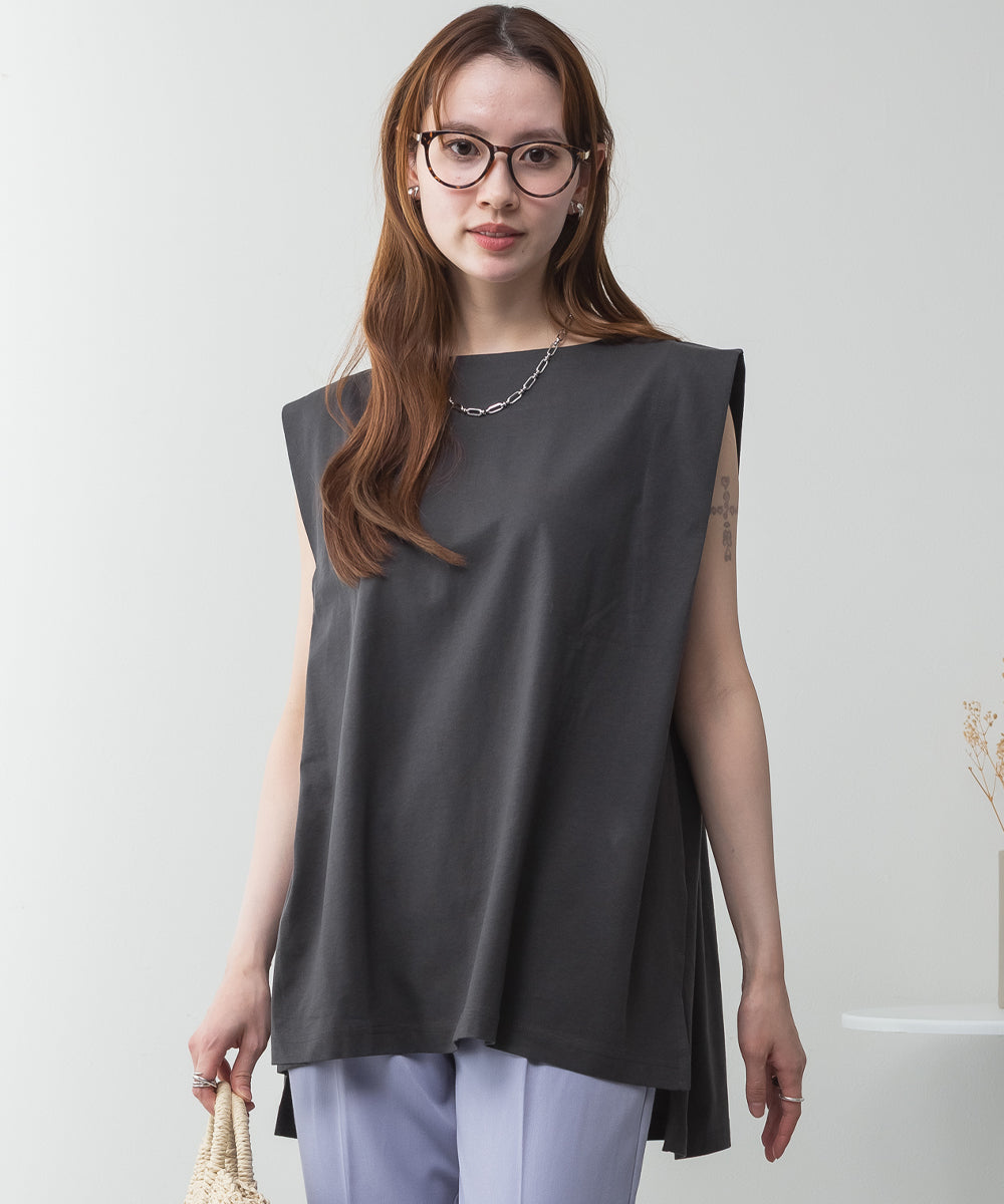 アットワン atONE 肩タックノースリーブボートネックTシャツ (チャコールグレー) チャコールグレー