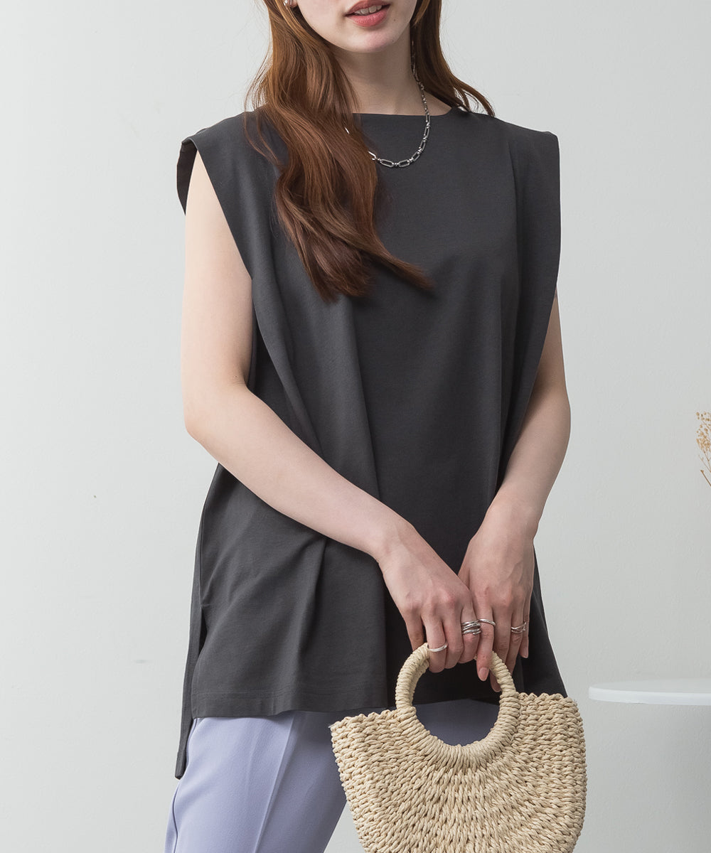 アットワン atONE 肩タックノースリーブボートネックTシャツ (チャコールグレー) チャコールグレー