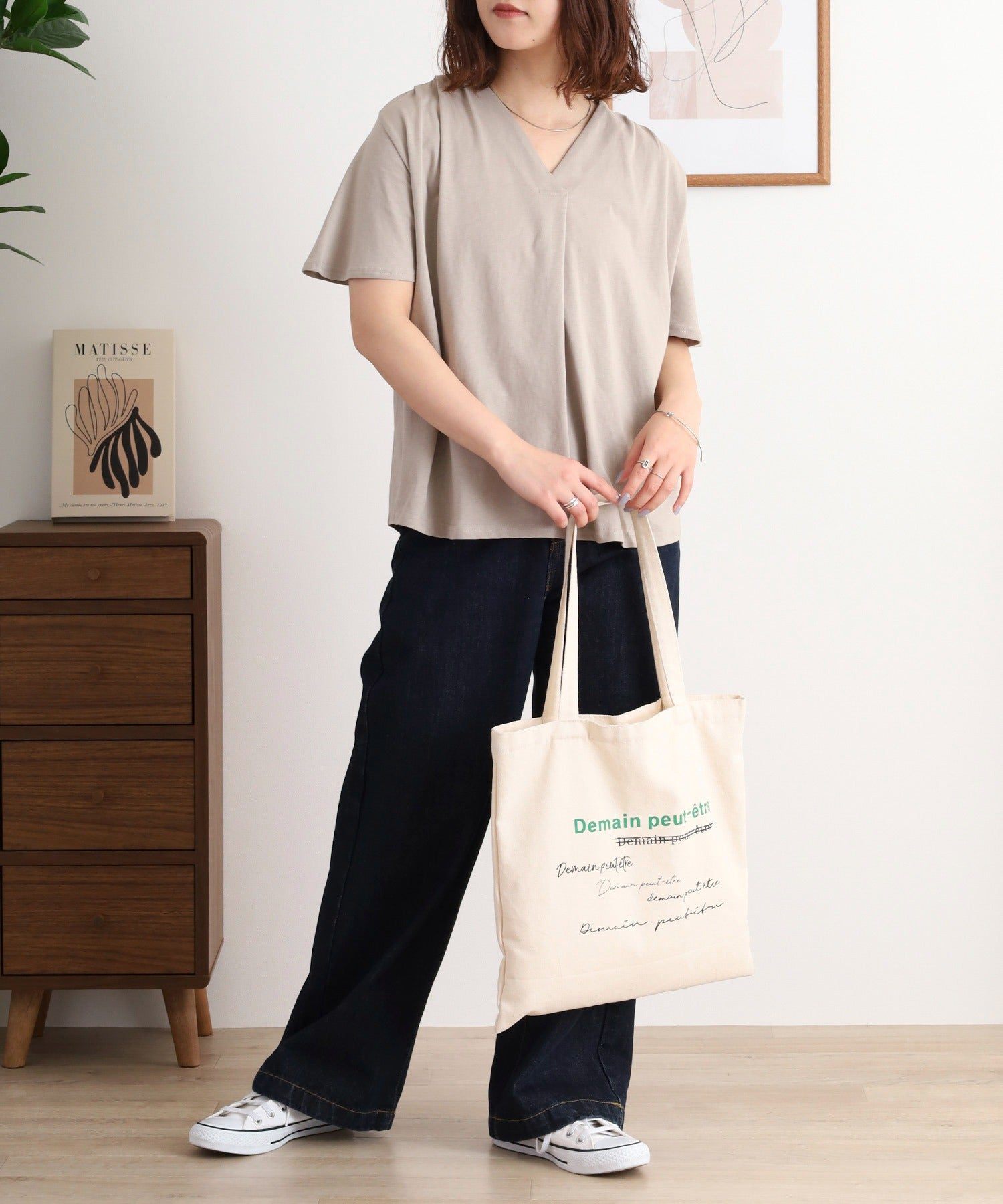 アットワン atONE ブラウス風タックスキッパー半袖Tシャツ (グレーベージュ) グレーベージュ