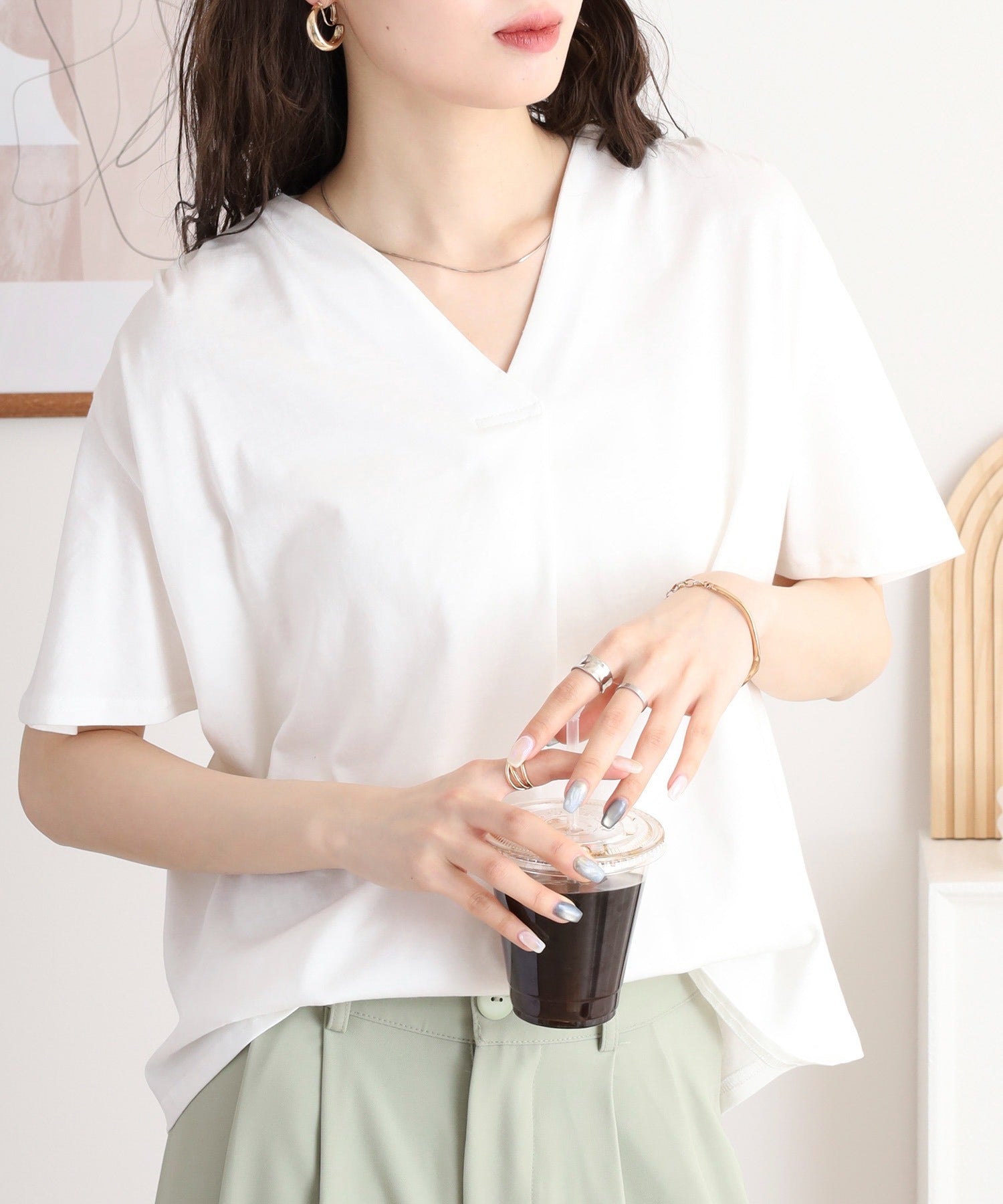 アットワン atONE ブラウス風タックスキッパー半袖Tシャツ (ホワイト) ホワイト