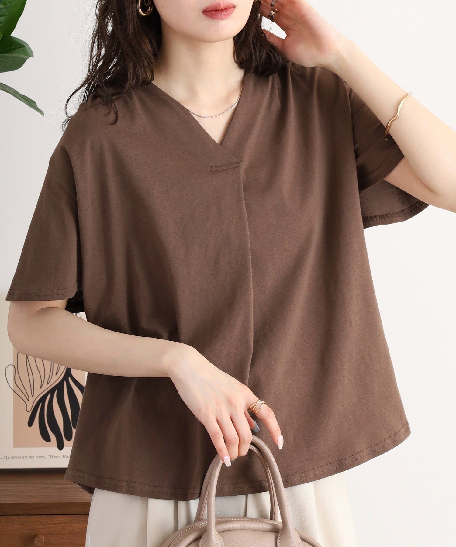 アットワン atONE ブラウス風タックスキッパー半袖Tシャツ (モカ) モカ