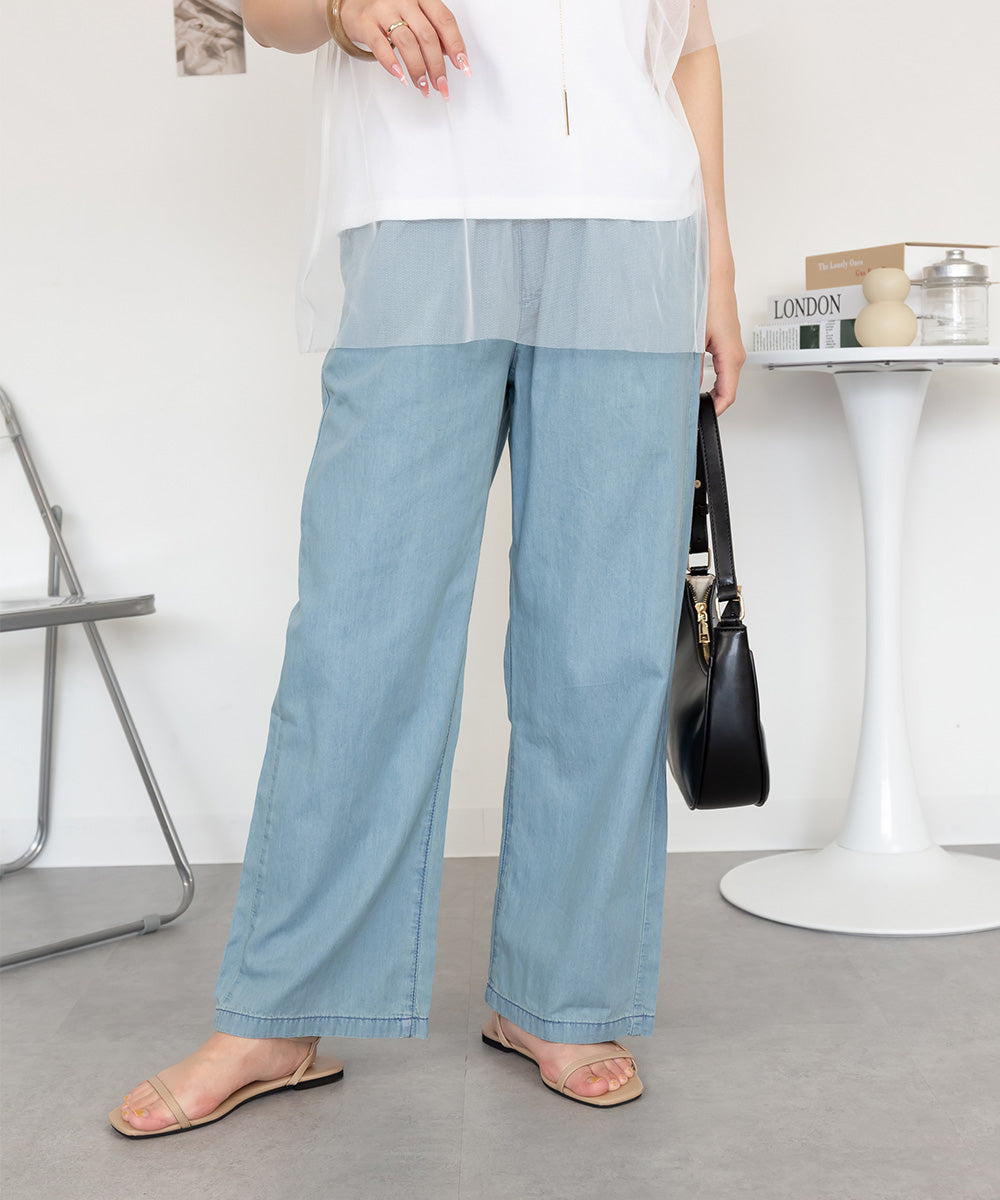 アットワン atONE エアリーデニム ウエストゴムパンツ (ライトブルー) ライトブルー