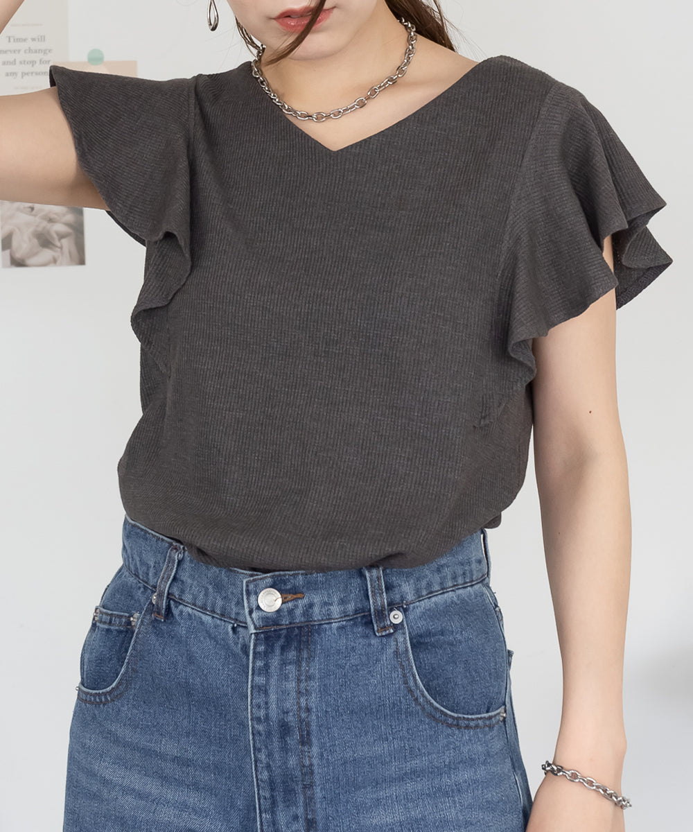 アットワン atONE フレアーフレンチスリーブTシャツ (チャコールグレー) チャコールグレー