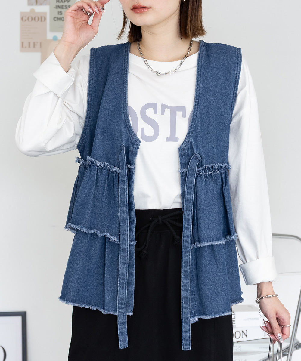 アットワン atONE フリルティアードデニムベスト (ブルー) ブルー