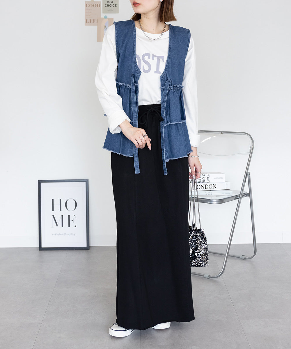 アットワン atONE フリルティアードデニムベスト (ブルー) ブルー