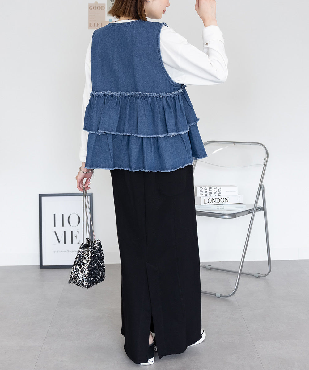 アットワン atONE フリルティアードデニムベスト (ブルー) ブルー