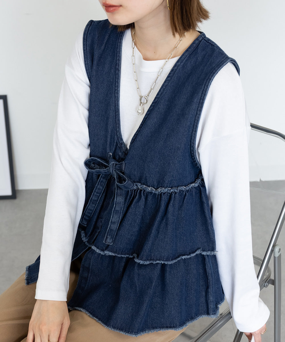 アットワン atONE フリルティアードデニムベスト (ネイビー) ネイビー