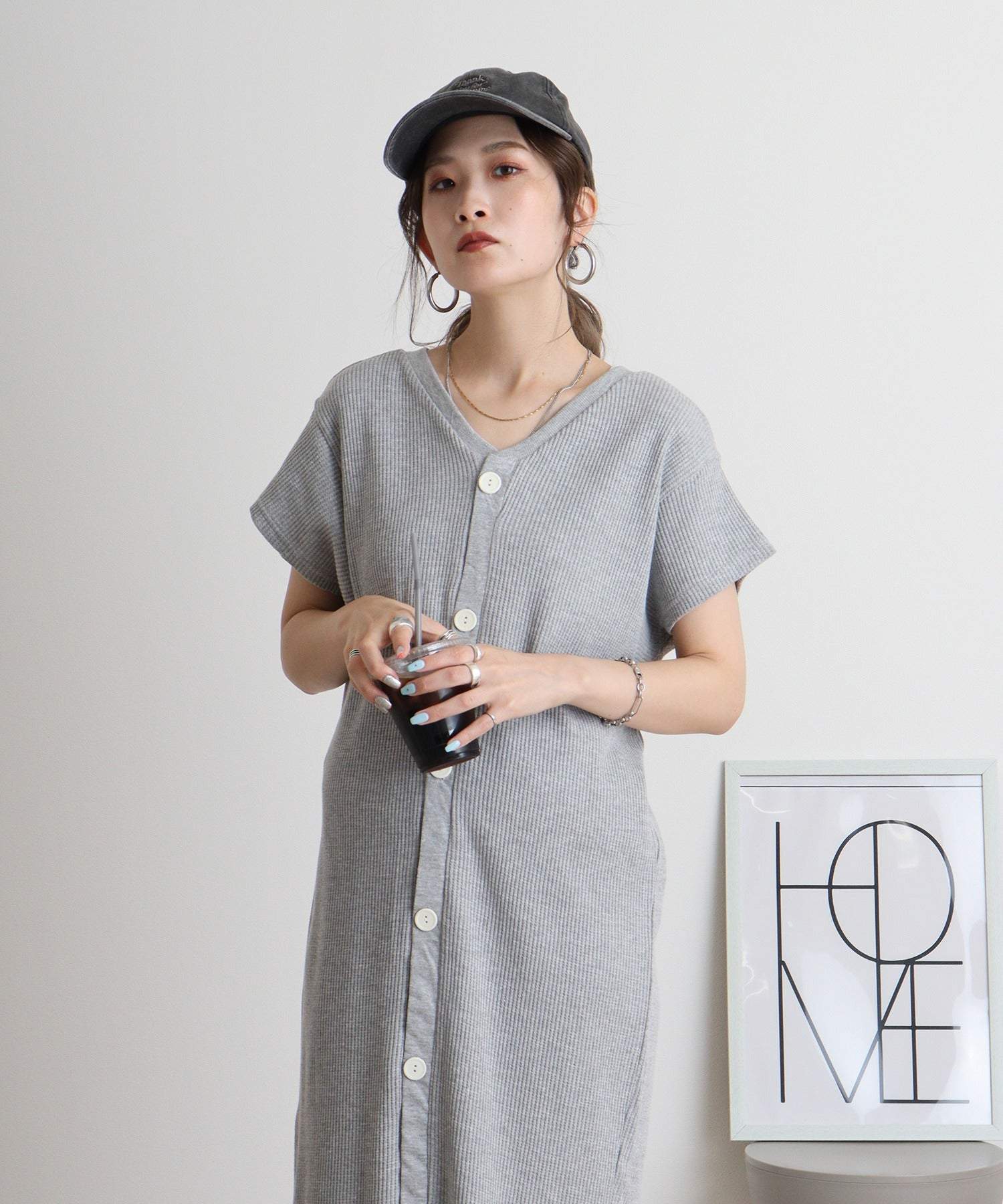 アットワン atONE ワッフルバックボタンワンピース,杢グレー