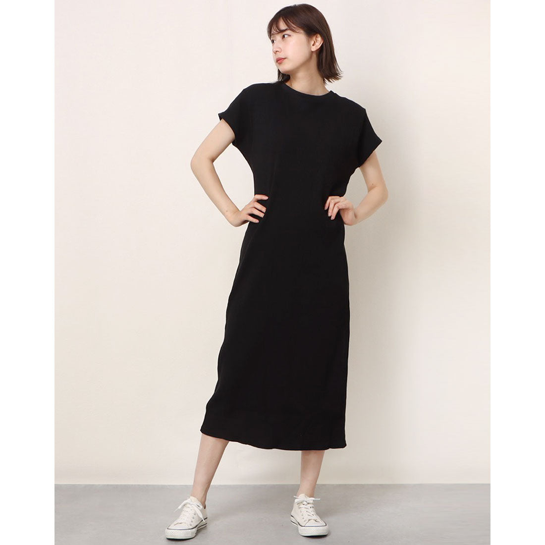 アットワン atONE ワッフルバックボタンワンピース,ブラック