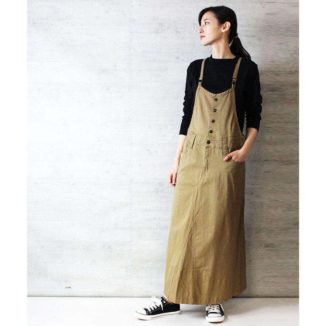 アットワン atONE ツイルステッチサロペットスカート,ベージュ