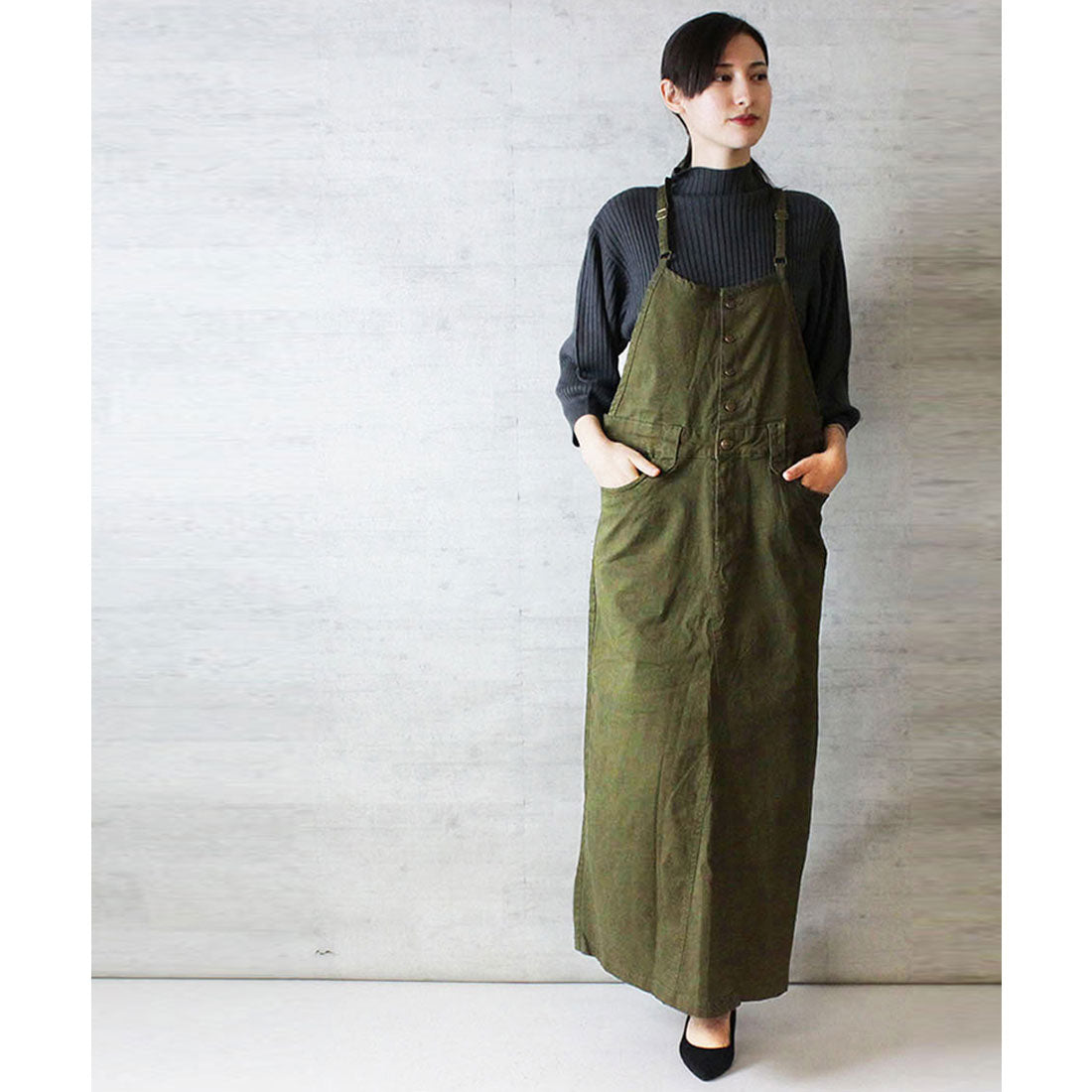 アットワン atONE ツイルステッチサロペットスカート,カーキ